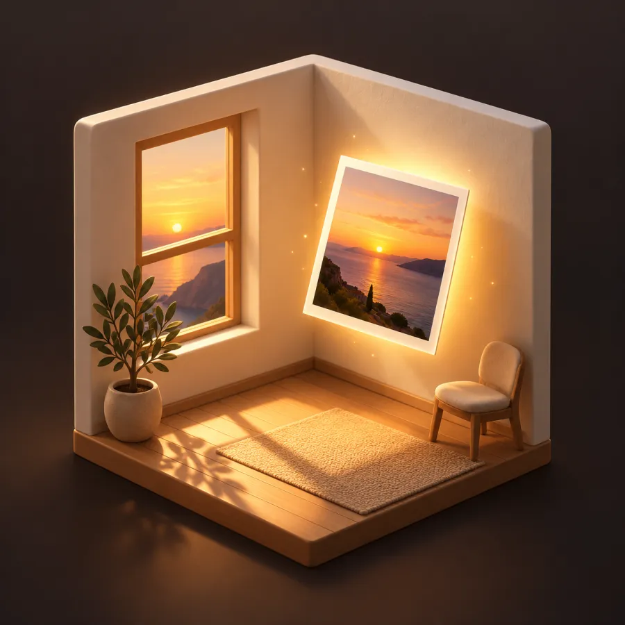 Illustration: a photo glowing on the wall of a room