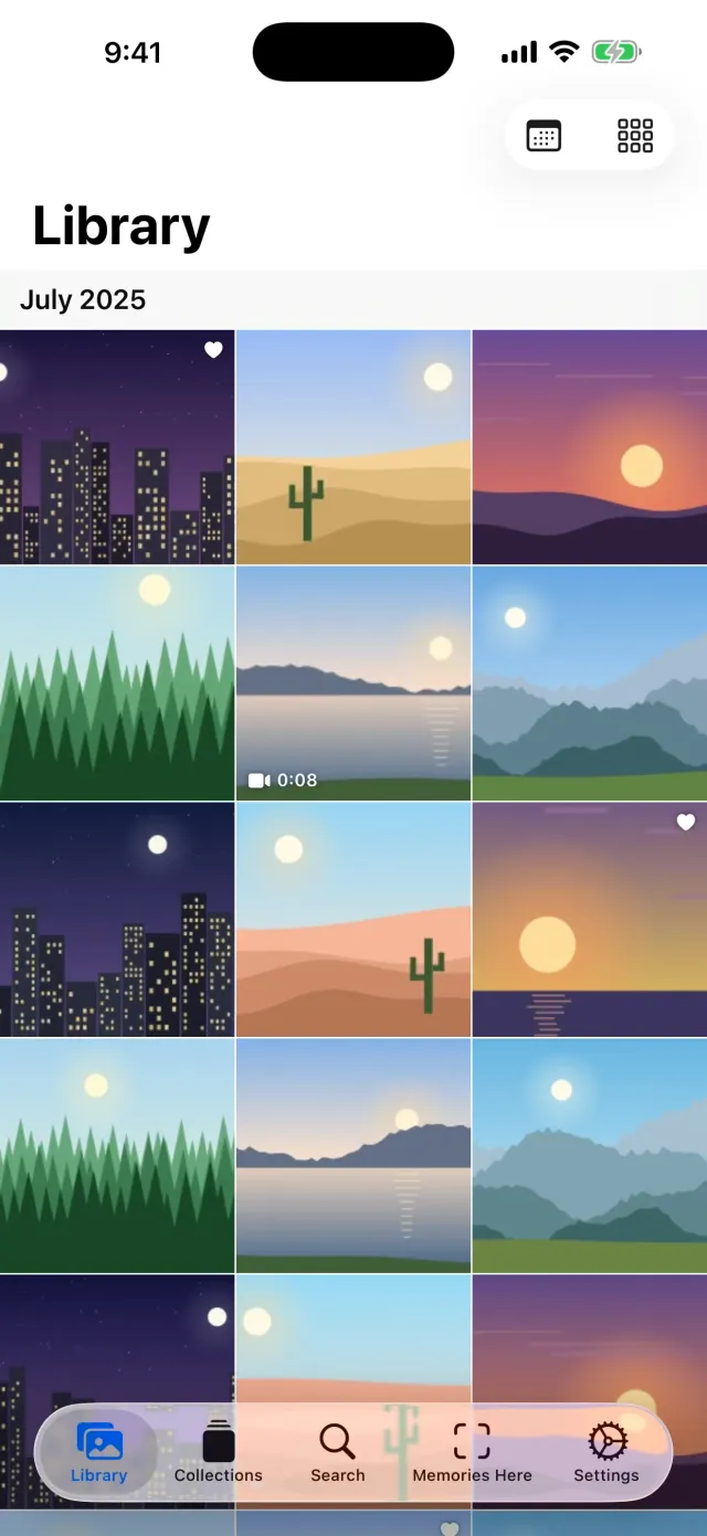 Library grid of photos grouped by month