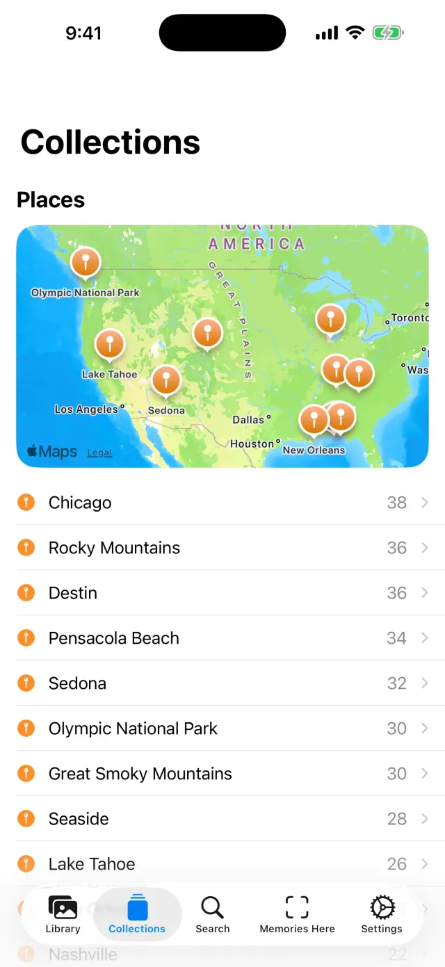 Collections with a map of places